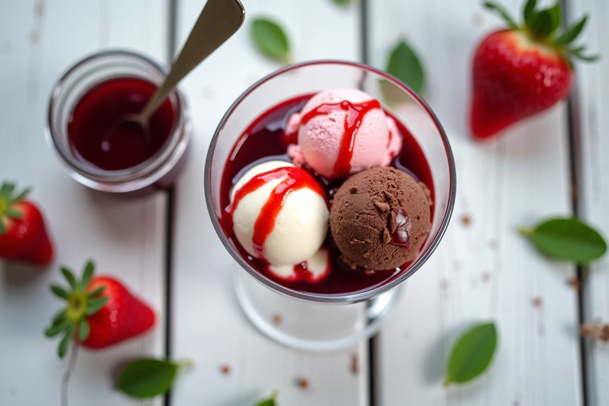 Coupe de glaces maison aux trois parfums nappées d'un coulis de fruits rouges sur une table en bois blanc