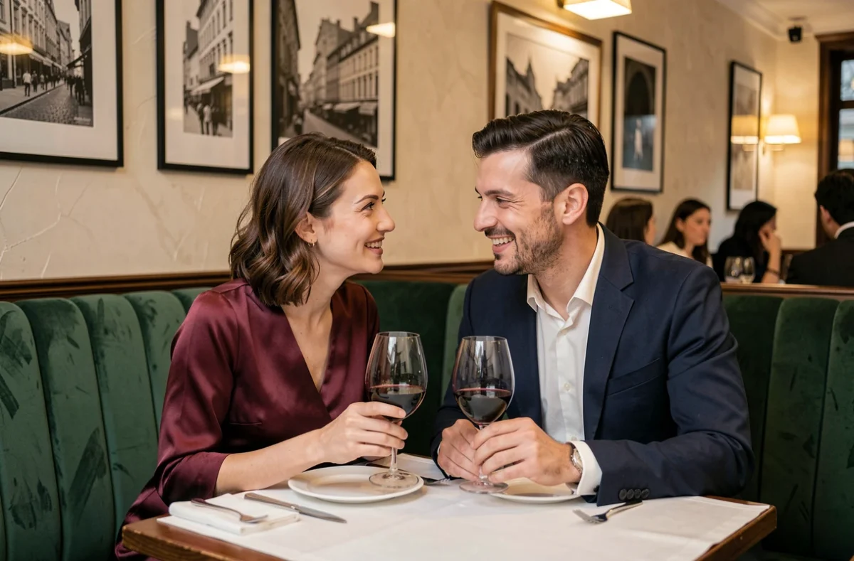 Couple élégant savourant un dîner gastronomique dans un restaurant étoilé de Lille, verres de vin à la main dans une ambiance feutrée