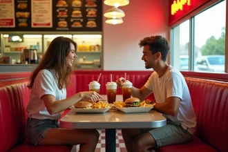 Couple français découvrant un fast food américain typique lors d'un road trip aux États-Unis