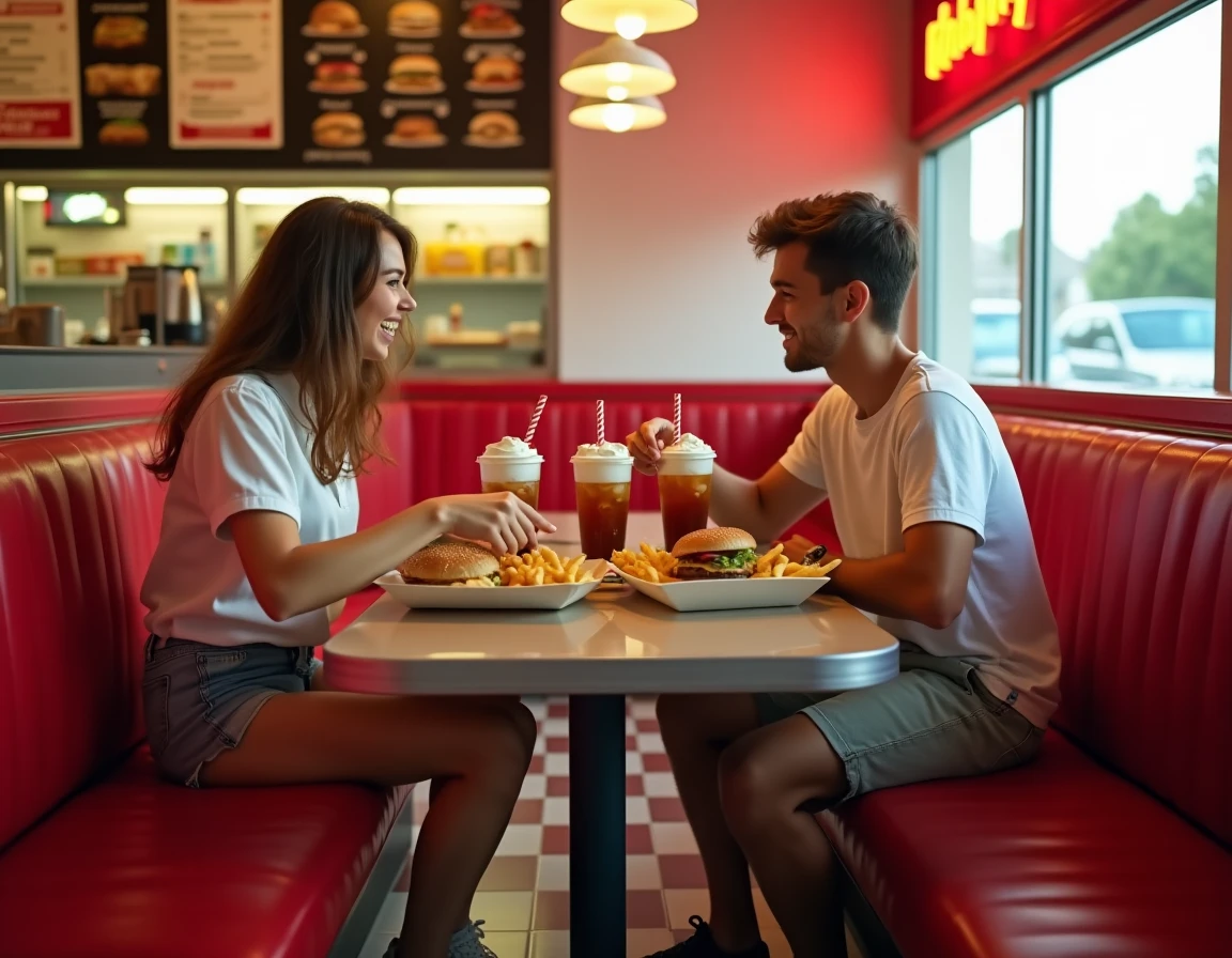 Couple français découvrant un fast food américain typique lors d'un road trip aux États-Unis
