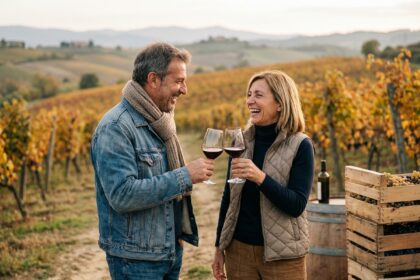 Couple souriant levant leur verre de vin dans une vigne automnale