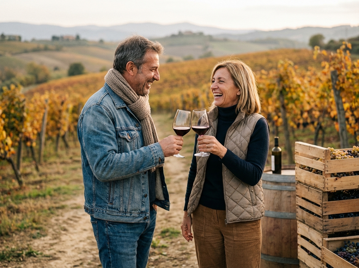 Couple souriant levant leur verre de vin dans une vigne automnale