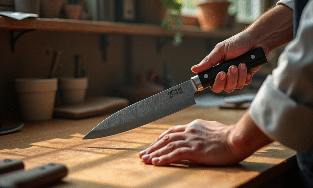Main de chef sélectionnant un couteau japonais haut de gamme