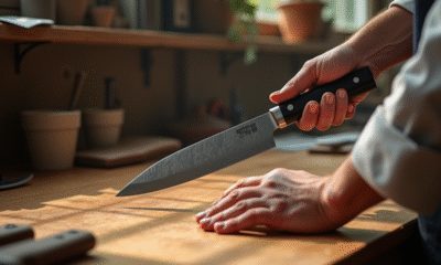 Main de chef sélectionnant un couteau japonais haut de gamme