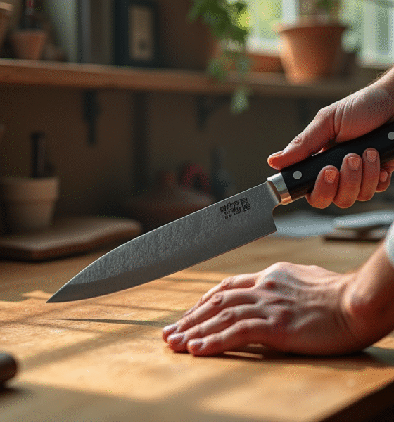 Main de chef sélectionnant un couteau japonais haut de gamme