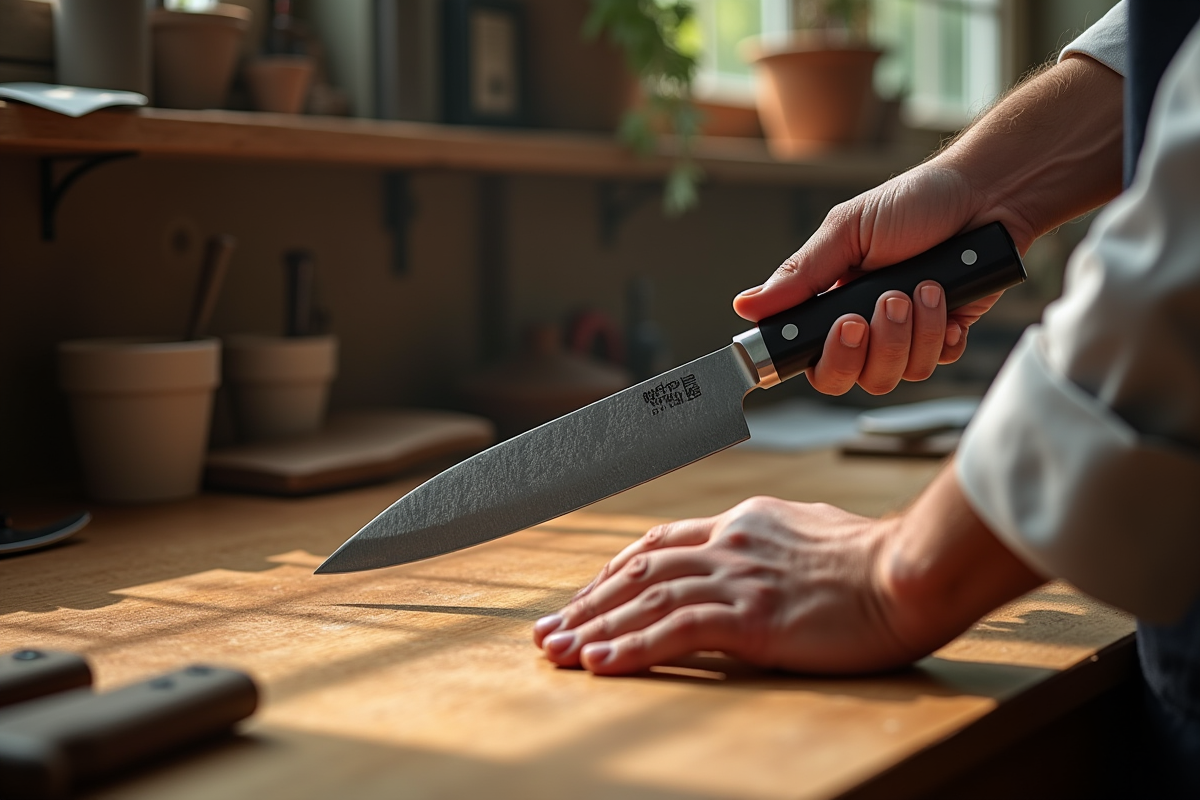 Main de chef sélectionnant un couteau japonais haut de gamme
