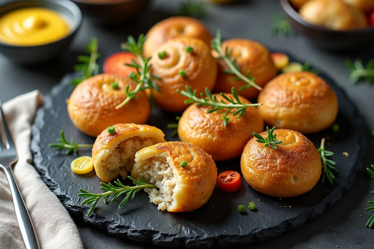 Crépinette cuite garnie de thym et légumes sur planche en ardoise