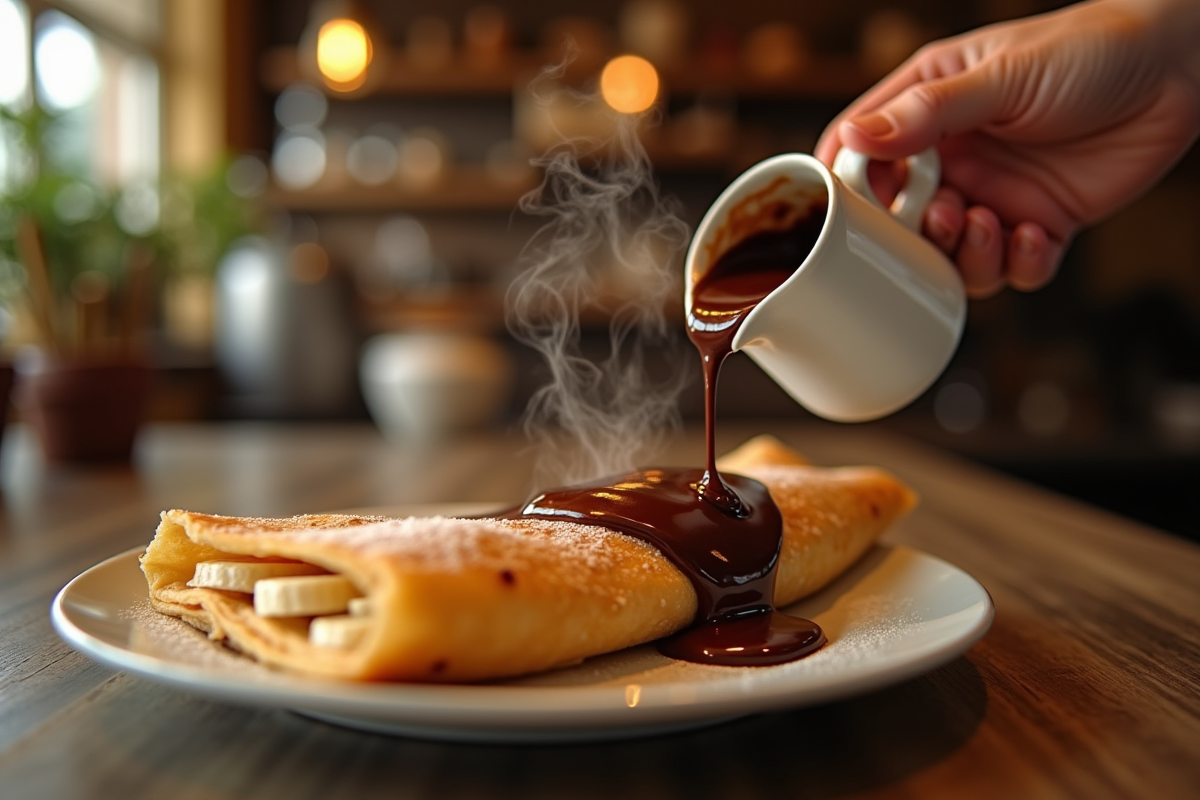 Gros plan d une crêpe au chocolat et bananes dans une crêperie chaleureuse