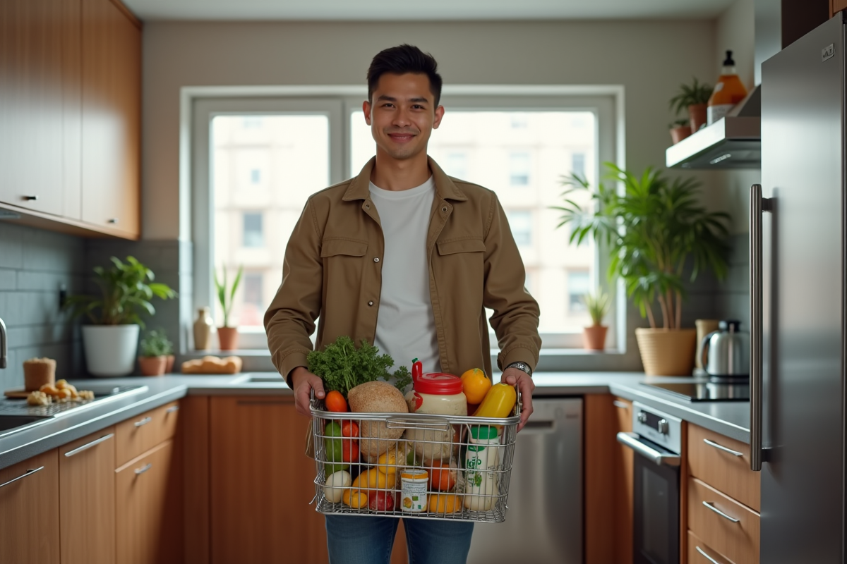 Jeune homme avec panier de courses dans cuisine urbaine