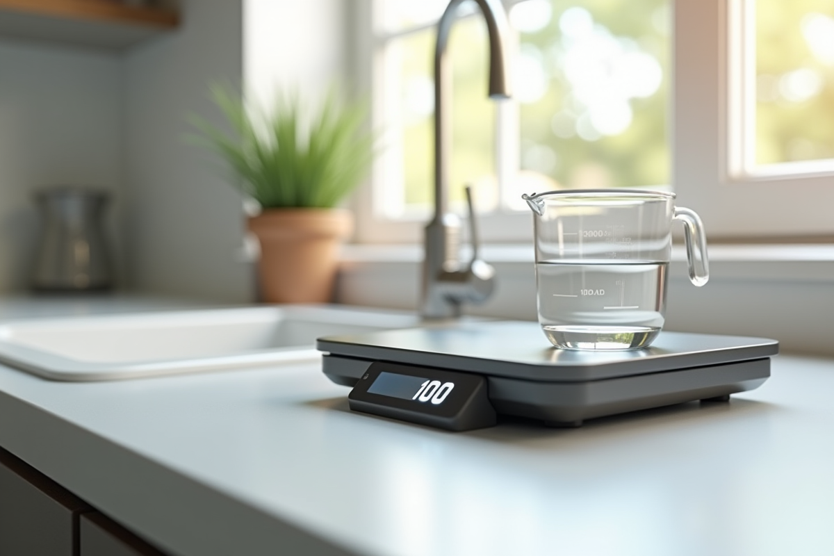 Plan rapproché d'une balance digitale de cuisine avec 100 grammes
