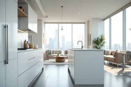 Cuisine blanche IKEA moderne avec façades lisses, plan de travail en quartz et sol en béton poli dans un appartement contemporain