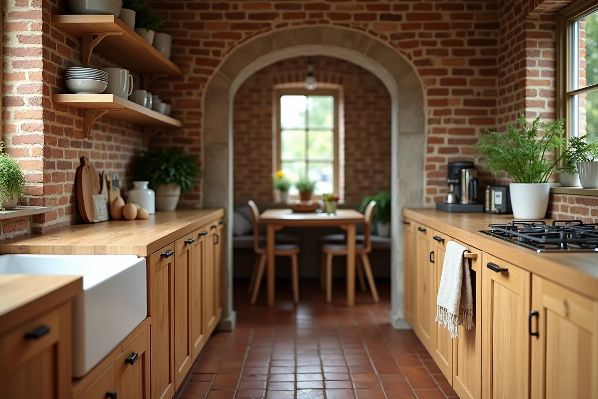 Cuisine bois IKEA style scandinave avec façades en chêne, plan de travail en bois massif et accessoires en laiton brossé