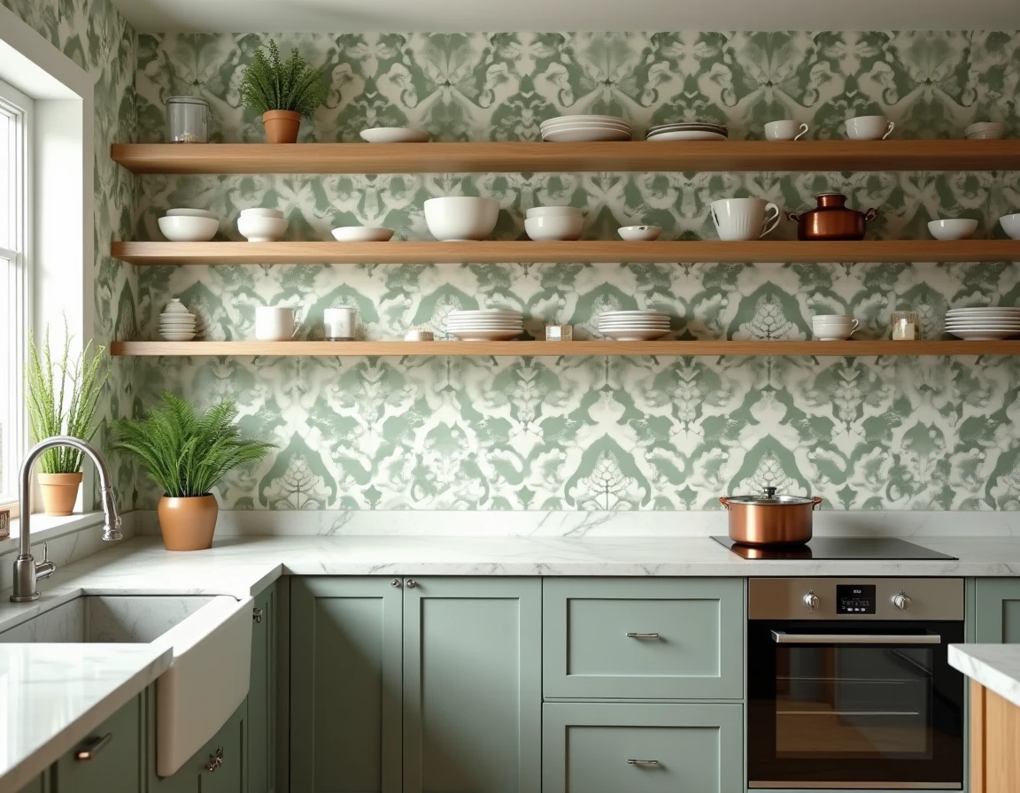 Cuisine moderne avec papier peint lessivable fleuri posé sur un mur accent, étagères en bois et plan de travail en marbre