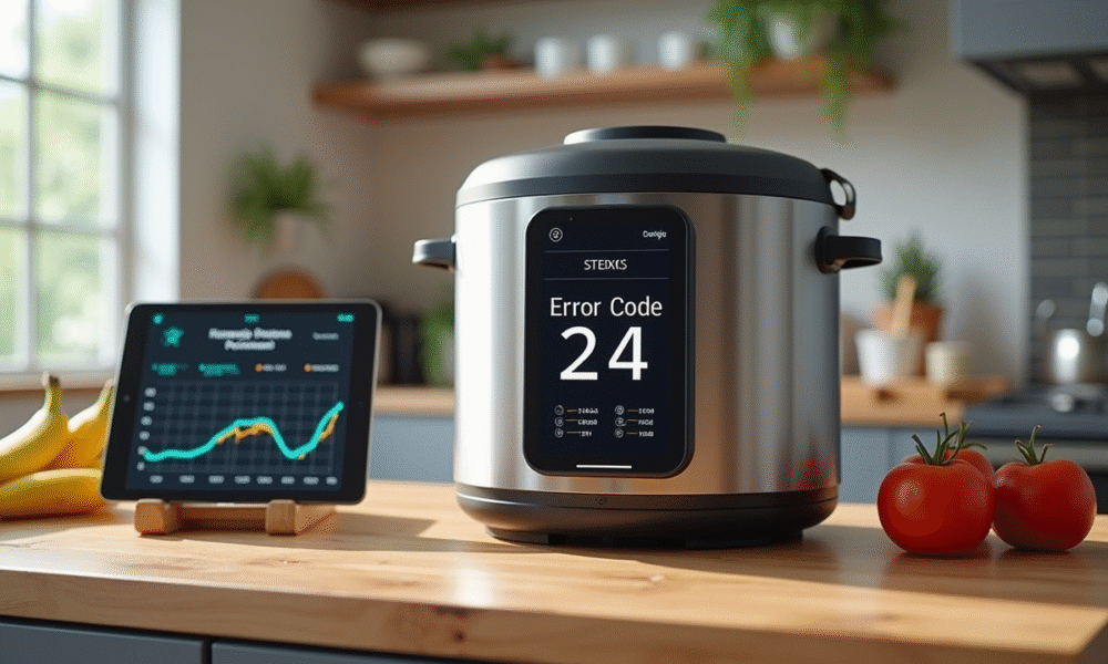 Cuisine moderne avec Cookeo affichant erreur 24 et ingrédients