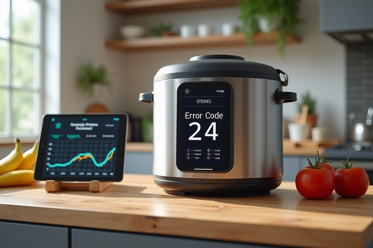 Cuisine moderne avec Cookeo affichant erreur 24 et ingrédients