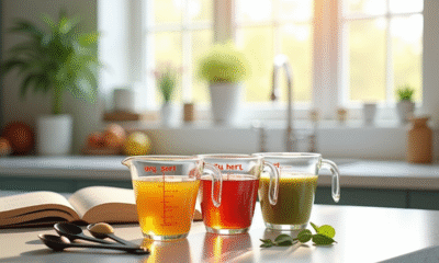 Cuisine moderne avec cups de mesure remplis de liquides colorés