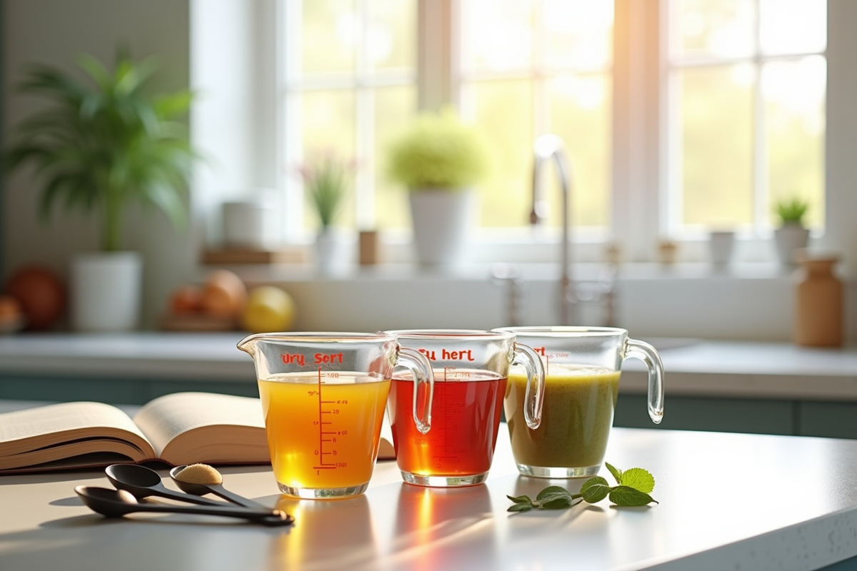 Cuisine moderne avec cups de mesure remplis de liquides colorés