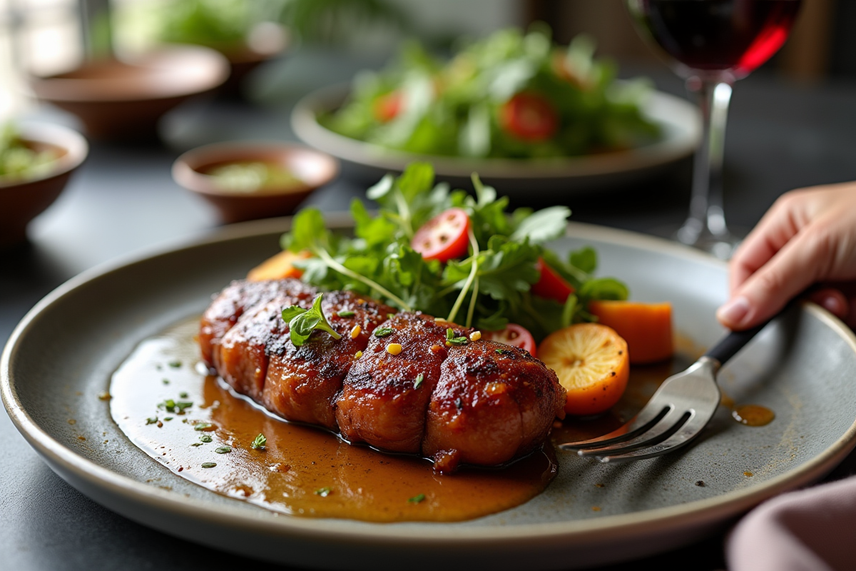 Cuisine moderne avec boudin noir et légumes rôtis