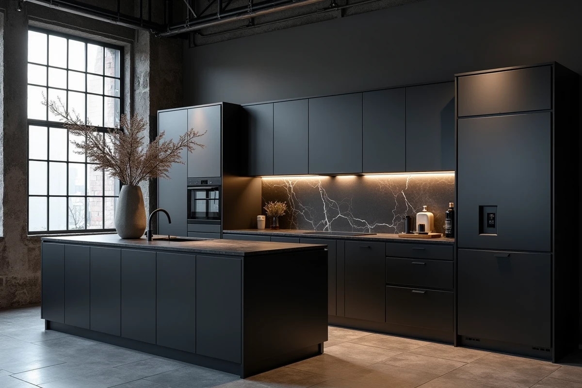 Cuisine noire IKEA design contemporain avec façades sans poignées, plan de travail en marbre sombre et ambiance loft industriel