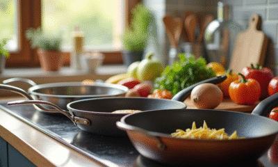 Plan de la cuisine moderne avec poeles variés et ingredients frais