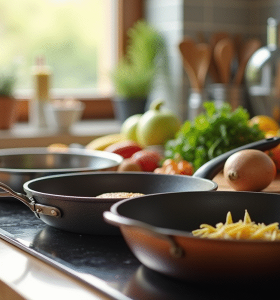 Plan de la cuisine moderne avec poeles variés et ingredients frais