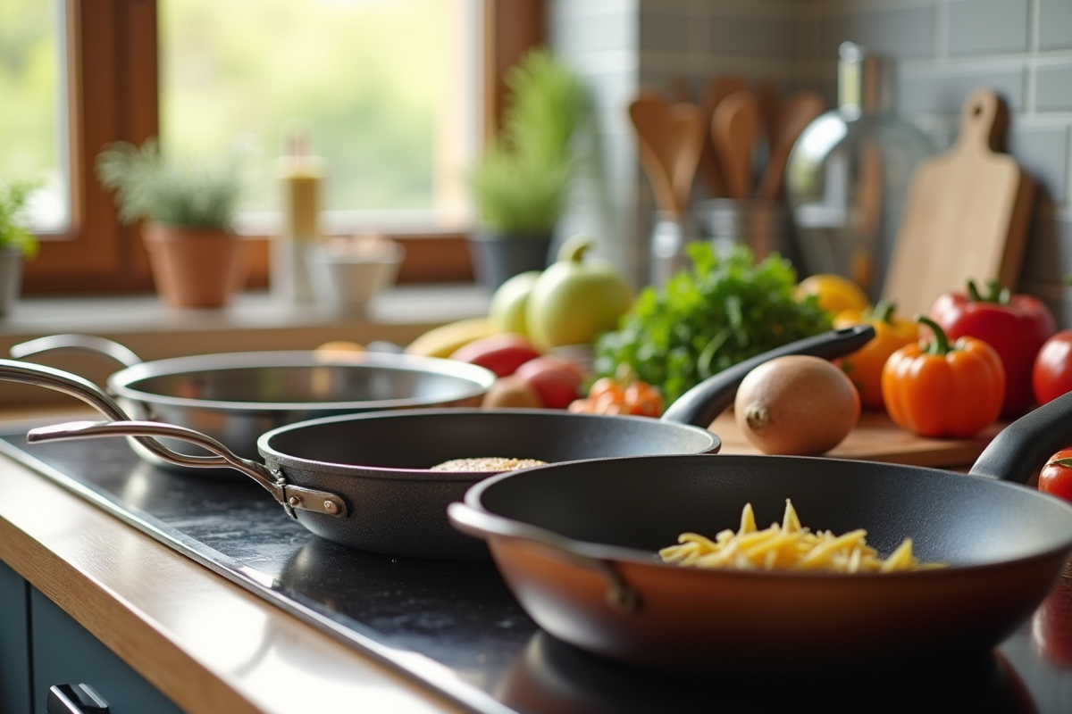 Plan de la cuisine moderne avec poeles variés et ingredients frais