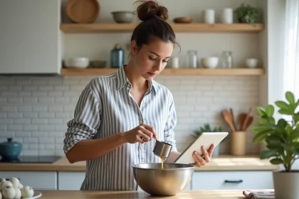 Jeune femme en cuisine préparant un plat avec tablette