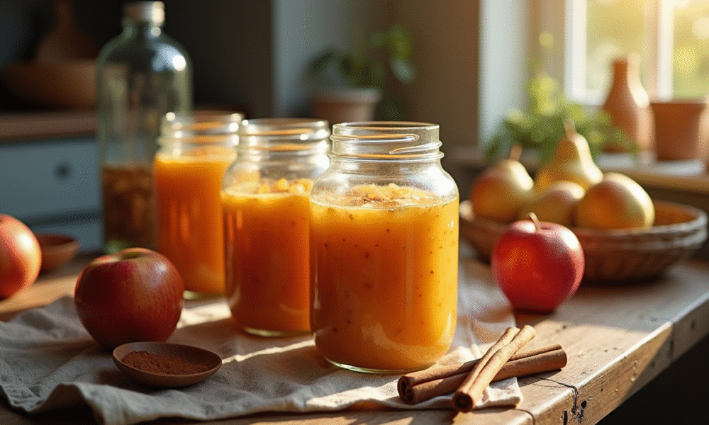 Table rustique avec confitures maison de fruits et épices