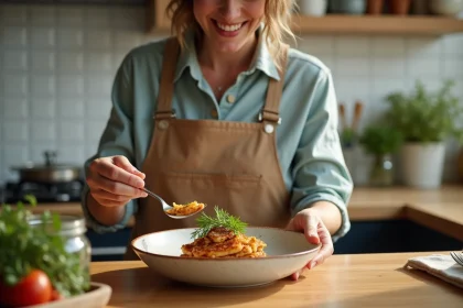 Femme en cuisine plaçant une crépinette sur une assiette rustique