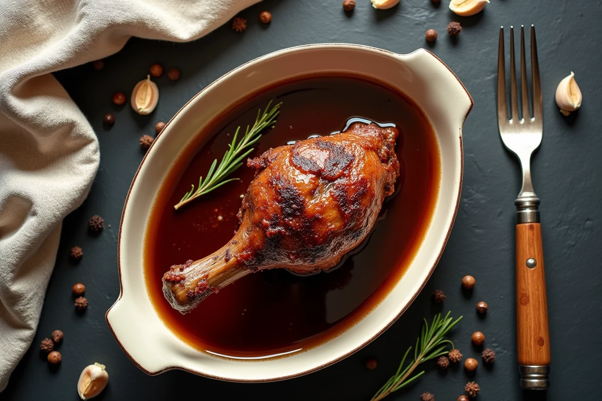 Gros plan aérien d'une cuisse de canard braisée dans un plat en céramique avec jus ambré et herbes aromatiques