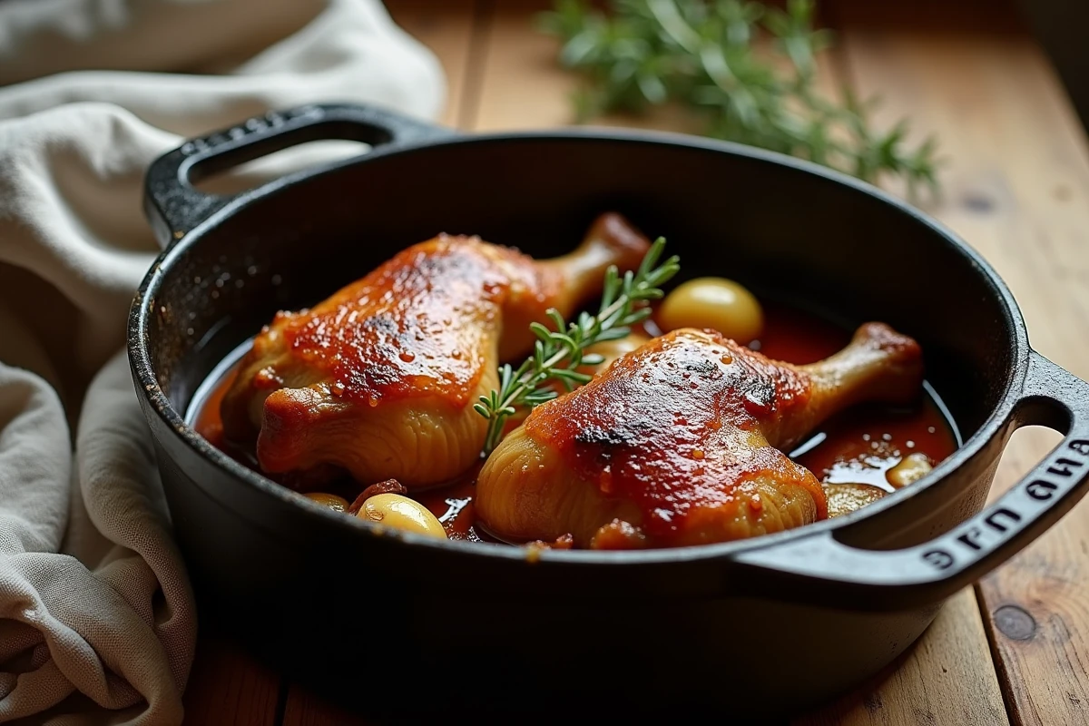 Cuisses de canard dorées mijotant dans une cocotte en fonte avec shallots et thym sur table en bois rustique