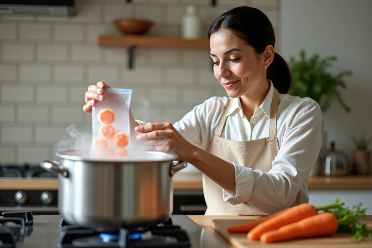 Femme cuisinant des carottes surgelées dans une casserole d'eau bouillante dans une cuisine domestique moderne