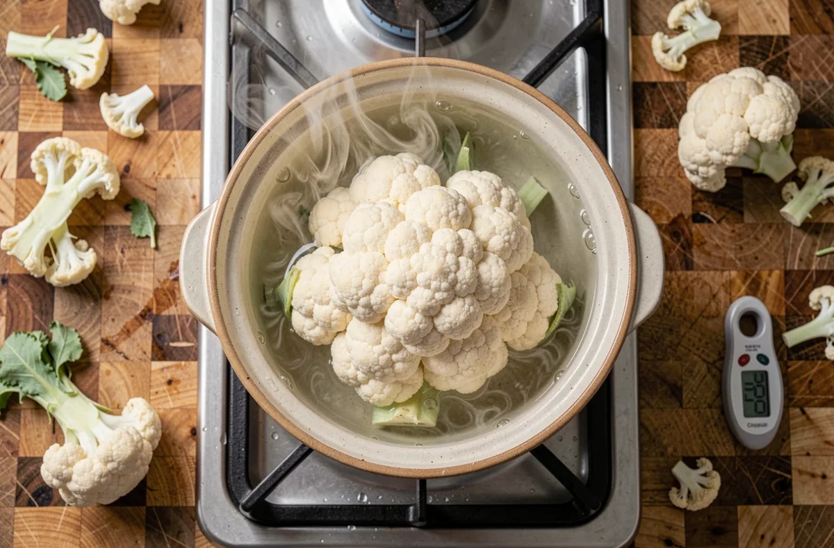 Chou-fleur en train de cuire dans une casserole d'eau bouillante sur un feu de gaz, vapeur visible, comparaison méthode chaude pour la rétention des nutriments