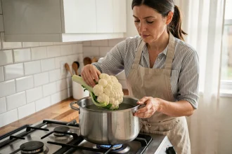 Femme plongeant un chou-fleur cru dans une casserole d'eau froide sur une cuisinière moderne pour préserver les vitamines lors de la cuisson