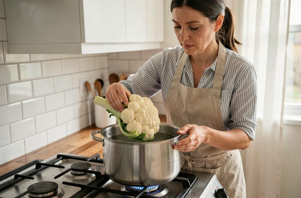Femme plongeant un chou-fleur cru dans une casserole d'eau froide sur une cuisinière moderne pour préserver les vitamines lors de la cuisson
