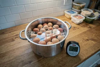 Grand casserole en inox remplie d'eau froide avec une douzaine d'œufs alignés et des glaçons, posée sur un plan de travail en bois avec des boîtes de meal prep en arrière-plan