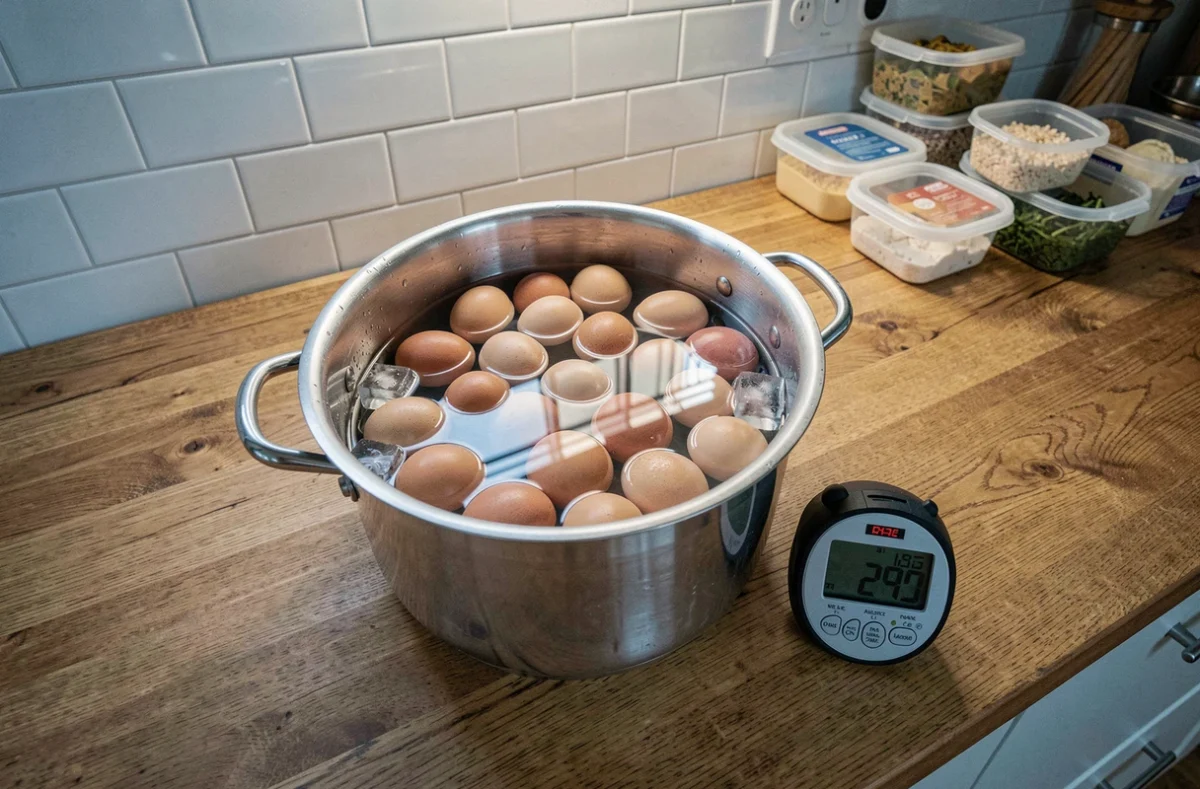 Grand casserole en inox remplie d'eau froide avec une douzaine d'œufs alignés et des glaçons, posée sur un plan de travail en bois avec des boîtes de meal prep en arrière-plan