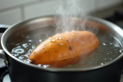 Patate douce plongée dans une casserole d'eau bouillante sur une cuisinière à gaz moderne avec vapeur visible