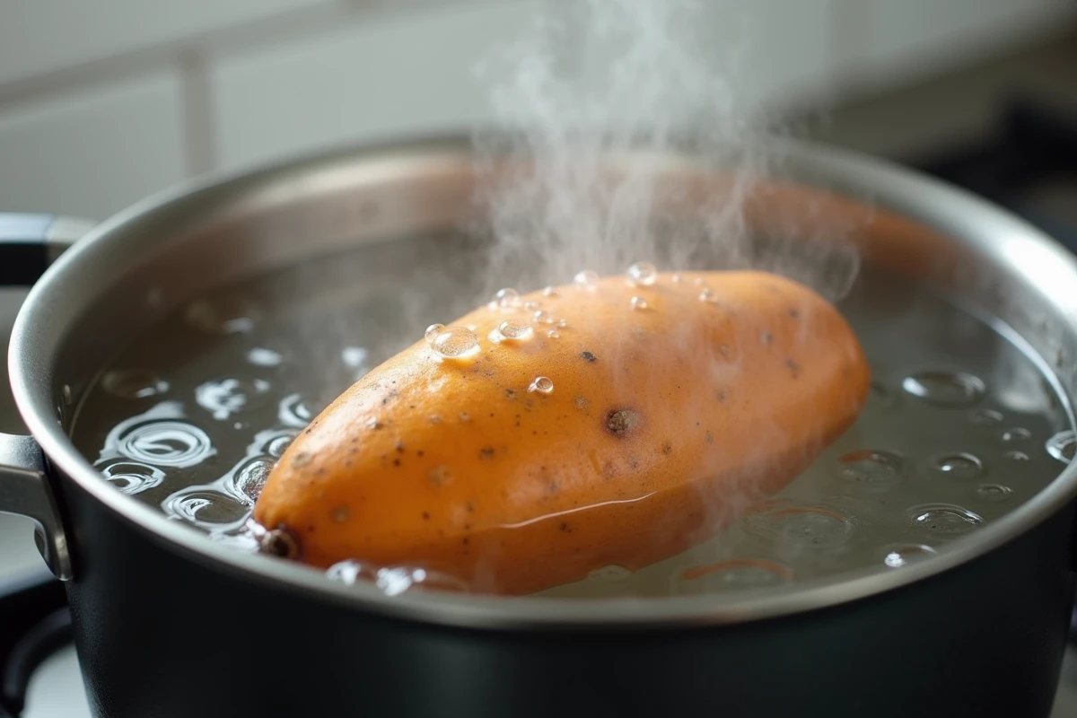 Patate douce plongée dans une casserole d'eau bouillante sur une cuisinière à gaz moderne avec vapeur visible