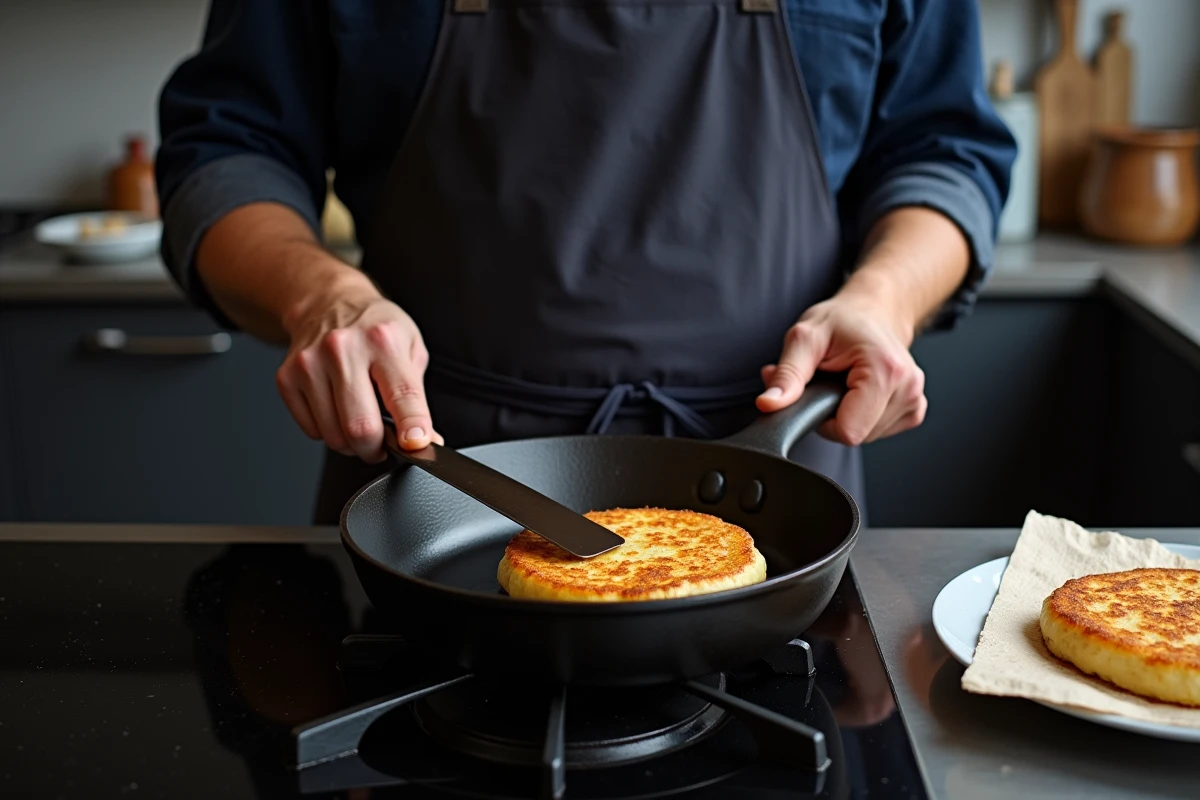 Homme faisant cuire une rapée de pomme de terre dorée dans une poêle en fonte sur une cuisinière à gaz, technique de cuisson réussie pour débutant