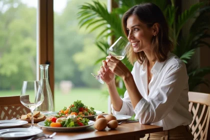 Femme dégustant un sauvignon blanc à une table rustique