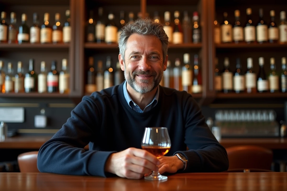 Homme dégustant un verre de whisky japonais ou écossais dans un bar classique en bois sombre