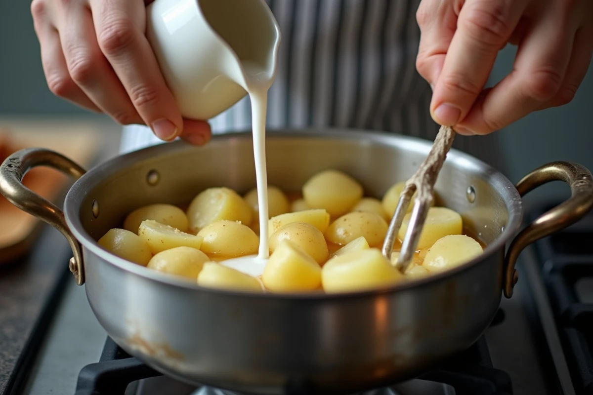 Mains de cuisinier écrasant des pommes de terre à la casserole avec un pilon, lait versé en action pour une texture moelleuse
