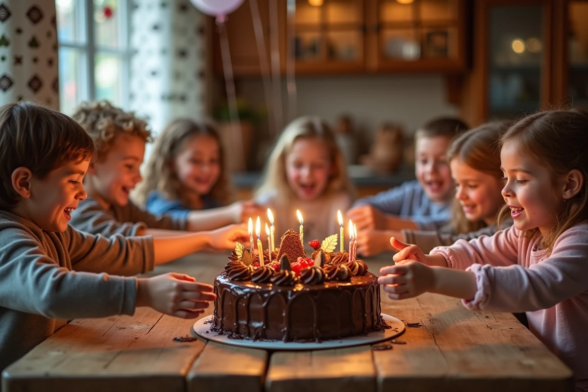 Enfants autour d un gâteau au chocolat lors d un anniversaire