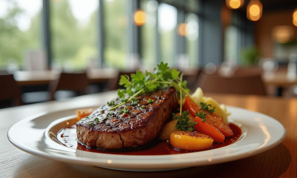 Entrecôte grillée avec légumes et herbes fraîches dans un restaurant lumineux