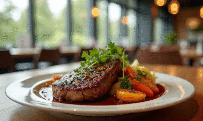 Entrecôte grillée avec légumes et herbes fraîches dans un restaurant lumineux