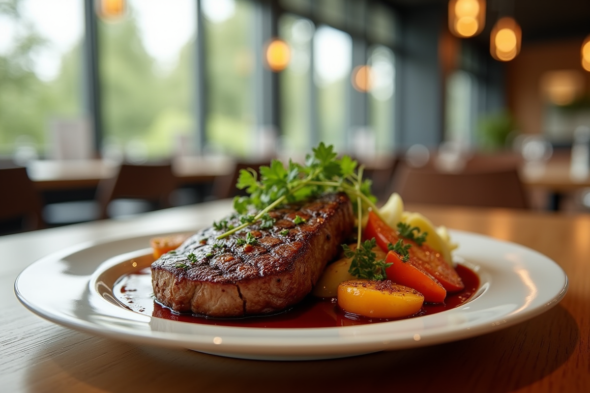 Entrecôte grillée avec légumes et herbes fraîches dans un restaurant lumineux