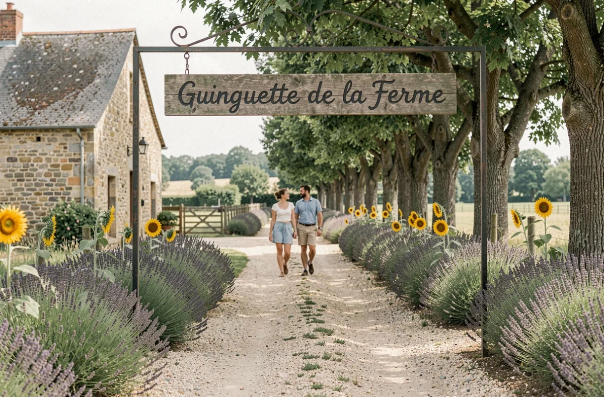 Entrée d'une guinguette à la ferme en pleine campagne française avec panneau en bois peint et chemin de gravier fleuri