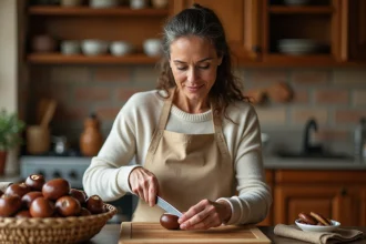 Femme épluchant une châtaigne avec un couteau dentelé sur une planche en bois dans une cuisine rustique en automne
