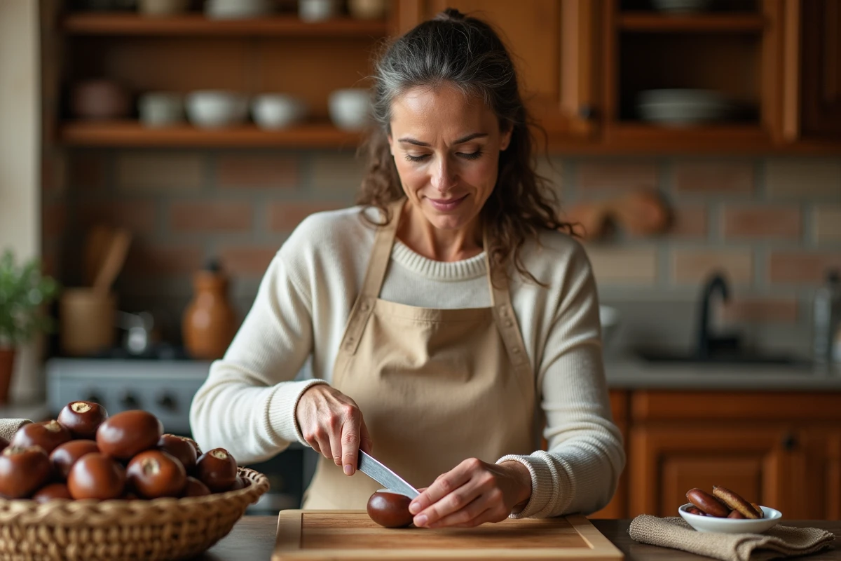 Femme épluchant une châtaigne avec un couteau dentelé sur une planche en bois dans une cuisine rustique en automne